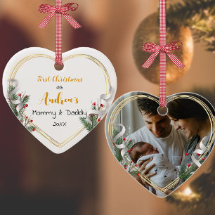New Mommy Daddy Holly & Pine Gold Frame Photo  Ornament