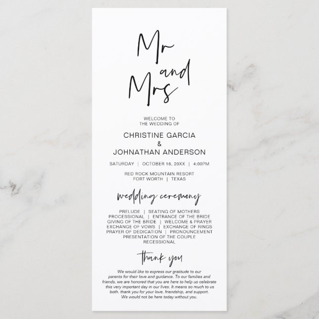 New Mr and Mrs, Modern Minimalist Wedding Program (Front)