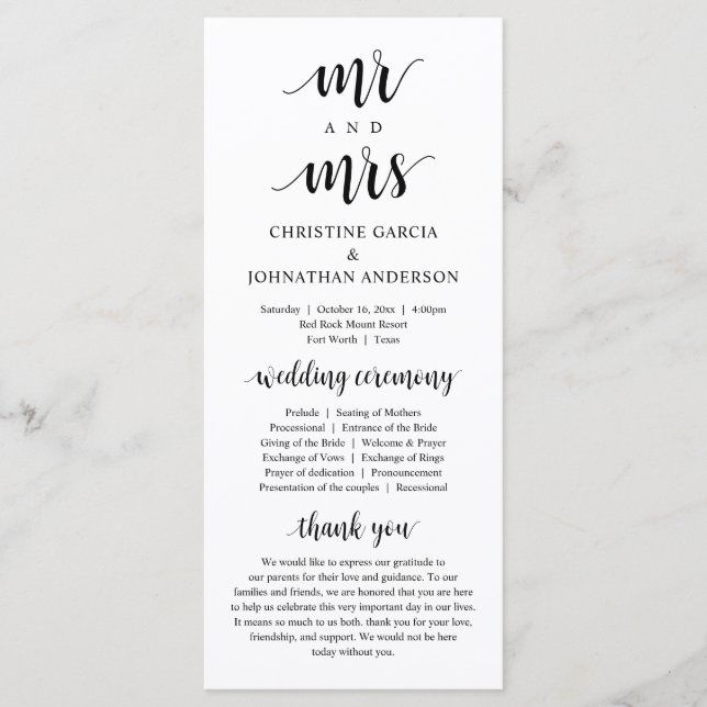 New Mr and Mrs, Modern Wedding Ceremony Program (Front)