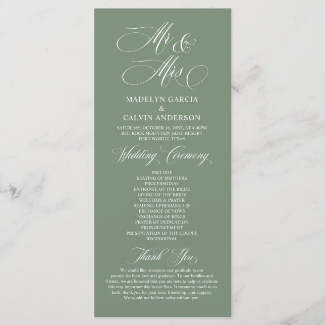 New Mr and Mrs, Sage Green, Wedding Ceremony Program (Front)