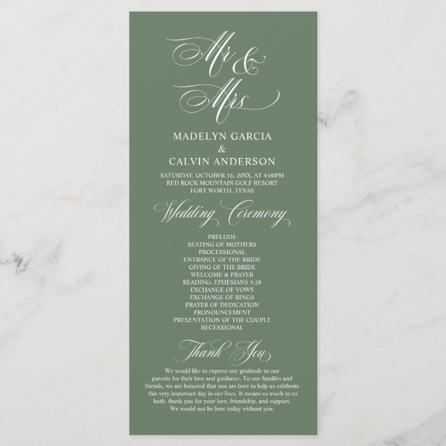 New Mr and Mrs, Sage Green, Wedding Ceremony Program (Front)