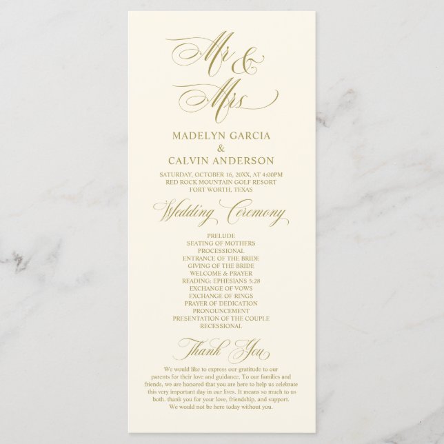New Mr and Mrs, Vintage Gold, Wedding Ceremony Program (Front)