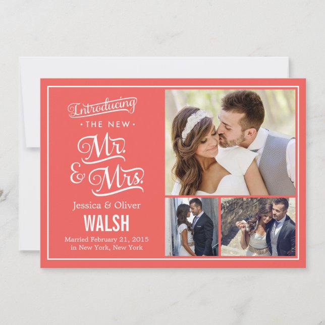 New Mr and Mrs Wedding Announcement - Coral (Front)