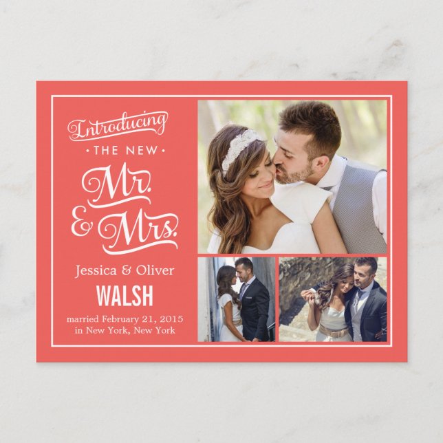 New Mr and Mrs Wedding Announcement - Coral (Front)