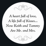 New Mr and Mrs Wedding Poem Classic Round Sticker<br><div class="desc">This charming Mr. and Mrs. round sticker features a darling poem personalized with the bride and groom's names. This would be a perfect sticker to accent a favour box holding Hershey Kisses.</div>