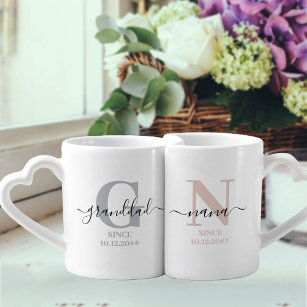New Nana and Granddad Monogram Grey and Blush Coffee Mug Set