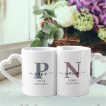 New Nana and Papa Monogram Blue Grey and Mauve Coffee Mug Set<br><div class="desc">Family monogram mug set for new nana and papa (or established grandparents) which you can personalize with the date they became first time grandparents. This design has elegant handwritten script, modern typography and a subtle colour palette of storm blue grey and mauve heather, black and white. One mug has a...</div>