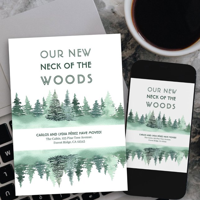 New Neck of the Woods Reflected Pine Forest Moving Announcement (watercolor forest new address card available printed or as printable digital download)