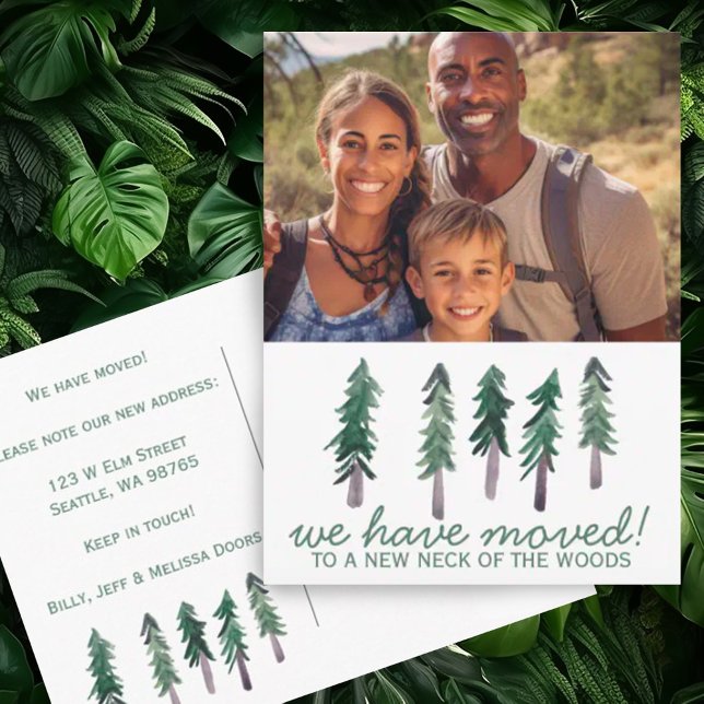 NEW NECK OF WOODS Custom PHOTO Watercolor Trees Postcard (Custom moving announcement postcard - add your own photo.  We have moved to a new neck of the woods)