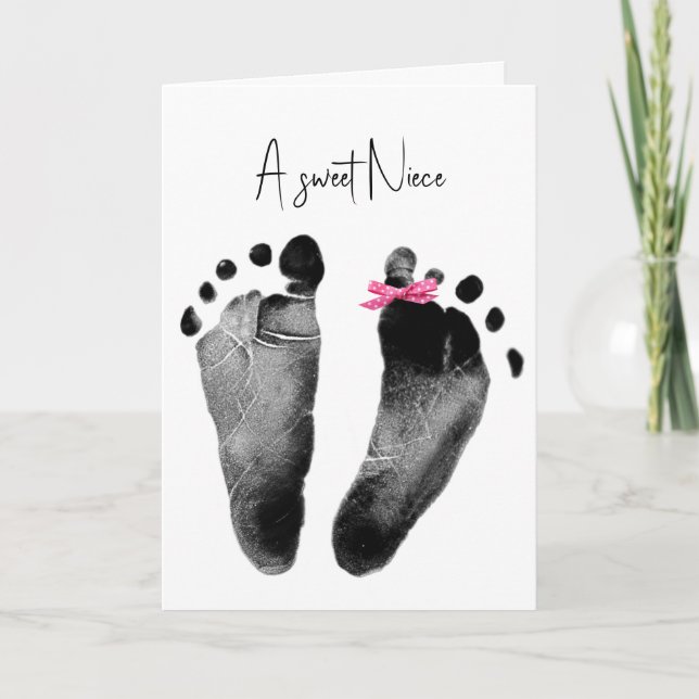 New Niece Baby Footprints with Bow Card (Front)