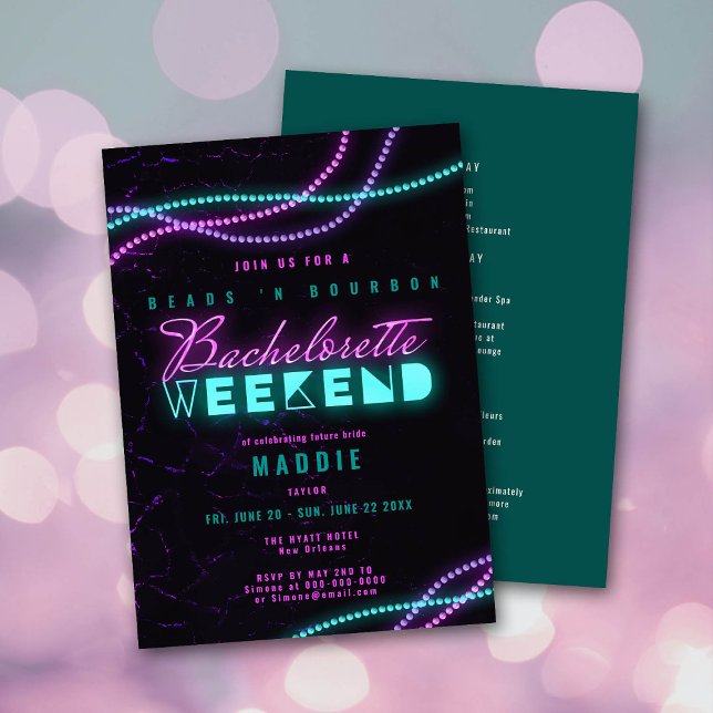 New Orleans Bead Bourbon Neon Bachelorette Weekend Invitation (Creator Uploaded)