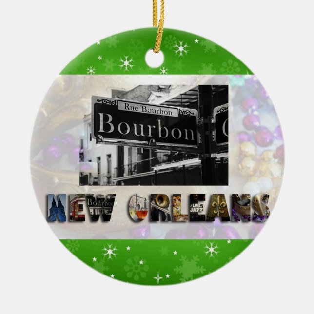 New Orleans Bourbon St Beads NOLA Christmas Ceramic Ornament (Front)