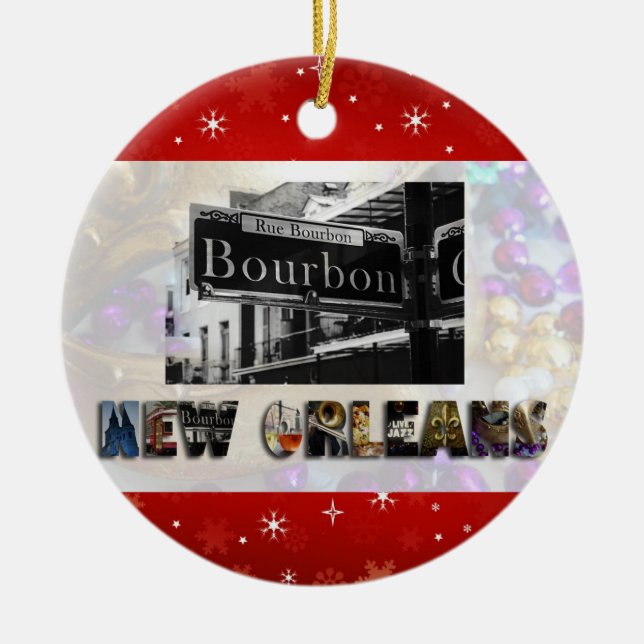 New Orleans Bourbon St Beads NOLA Christmas Ceramic Ornament (Front)