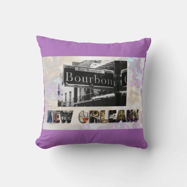 New Orleans Bourbon Street Mardi Gras Beads Throw Pillow (Front)