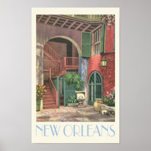 New Orleans Courtyard, vintage travel style Poster