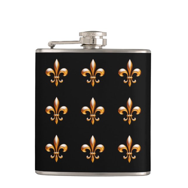 New Orleans Fleur de Lis Gold and Black Hip Flask (Front)