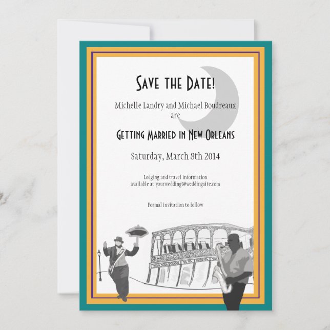 New Orleans Jazz Save the Date (teal & gold) Invitation (Front)