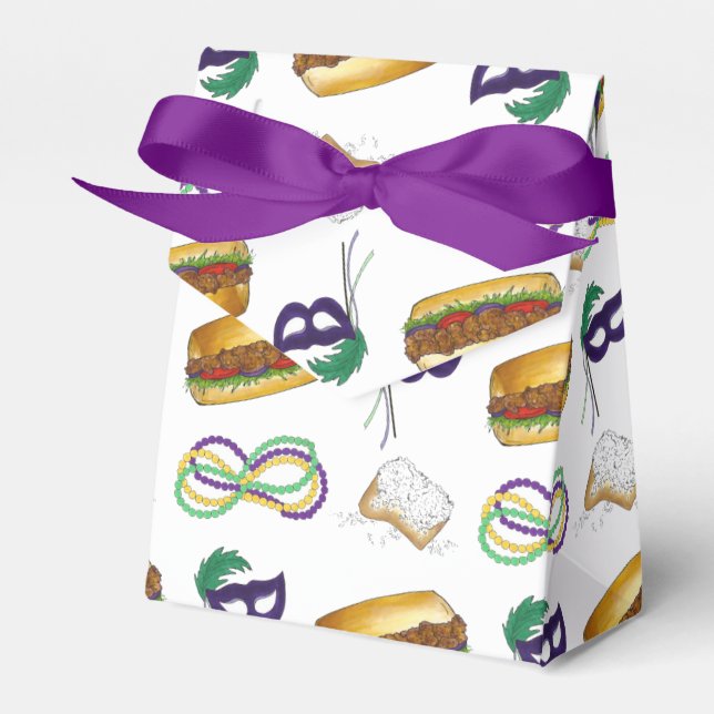 New Orleans Mardi Gras Beignet Beads Mask Po'Boy Favor Box (Front Side)