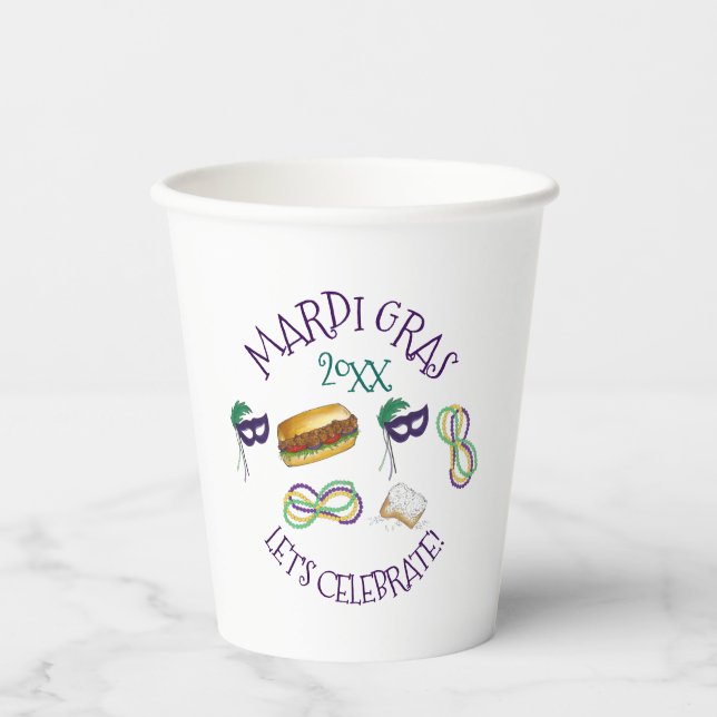 New Orleans Mardi Gras Beignet Beads Mask Po'Boy Paper Cups (Front)
