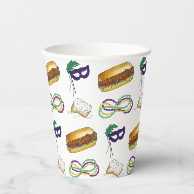 New Orleans Mardi Gras Beignet Beads Mask Po'Boy Paper Cups (Front)