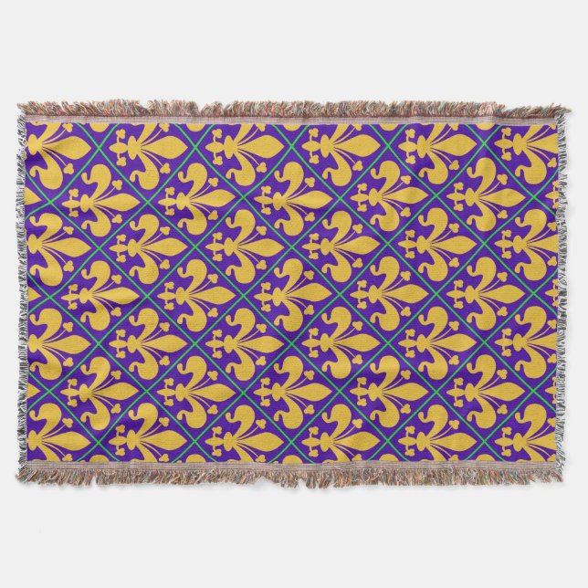 New Orleans Mardi Gras Fleur de Lis Throw Blanket (Front)