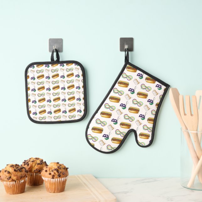 New Orleans NOLA Mardi Gras Beads Food Mask Oven Mitt & Pot Holder Set (Insitu(Hanging))