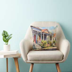 New Orleans Shotgun Homes, Watercolor Style Throw Pillow