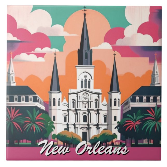 New Orleans St Louis Cathedral Vibrant Sky Tile (Front)