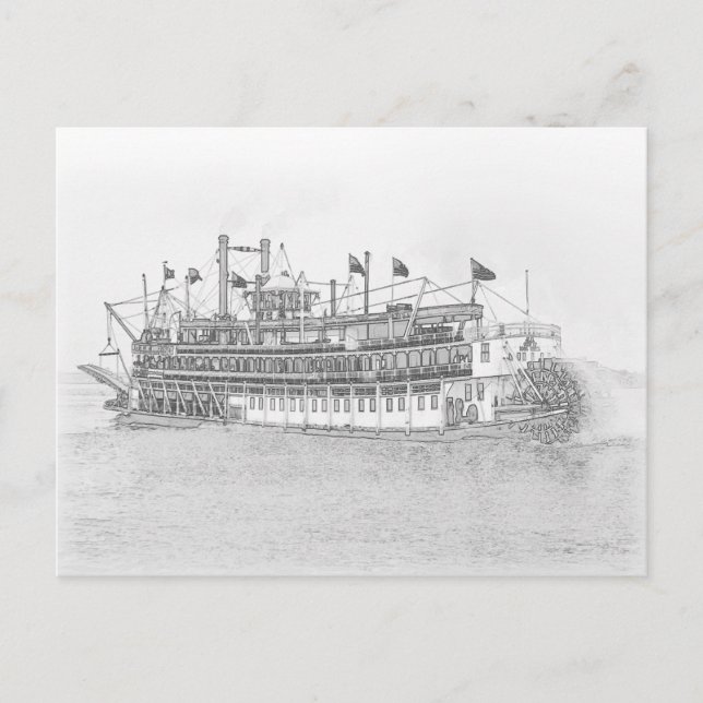 New Orleans Steamboat Black & White Sketch Postcard (Front)