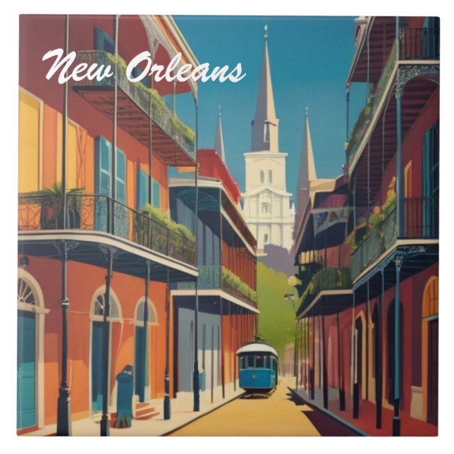 New Orleans Street & St Louis Cathedral Colourful Tile (Front)
