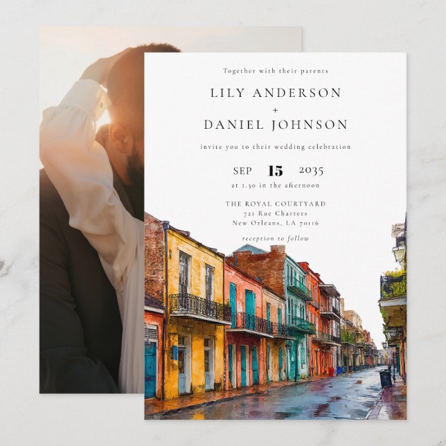 New Orleans Watercolor Destination Photo Wedding Invitation (Front/Back)