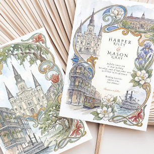 New Orleans Watercolor Landmarks Wedding Invitation