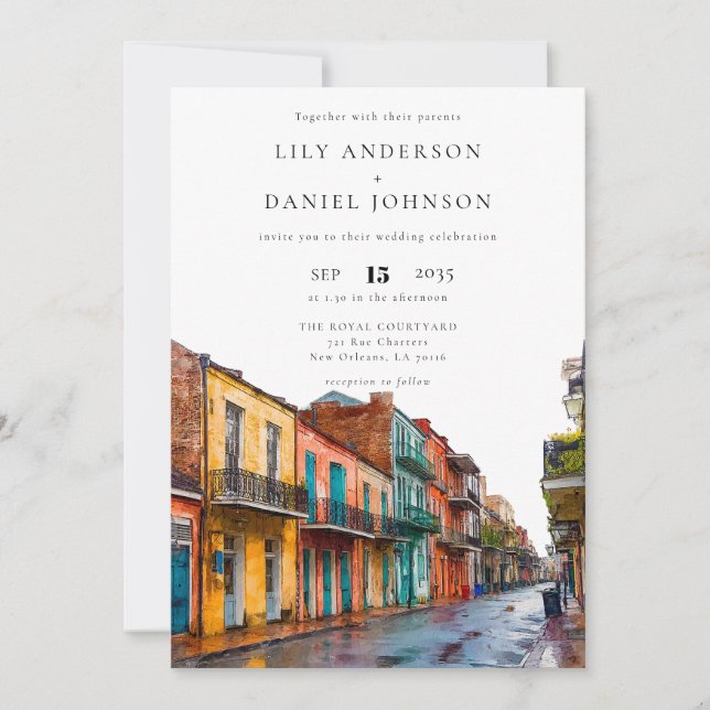 New Orleans Watercolor QR Code Wedding Invitation (Front)