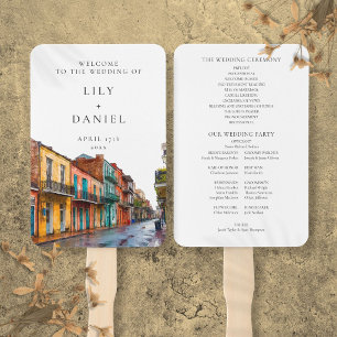 New Orleans Watercolor Wedding Program Hand Fan