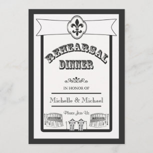 New Orleans Wedding Rehearsal Dinner Black White Invitation