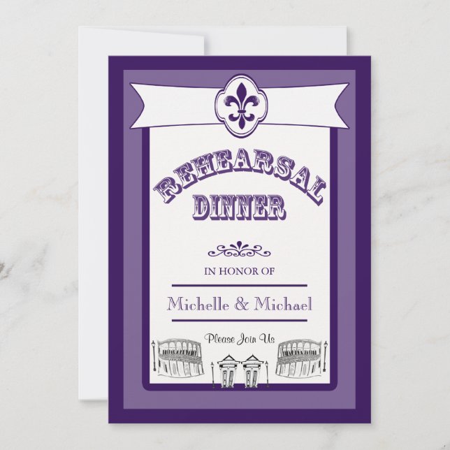New Orleans Wedding Rehearsal Dinner Purple Invitation (Front)