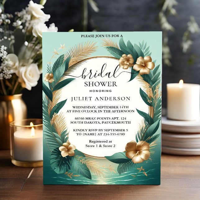 New Palm Tree Beach Green And Gold Bridal Shower Invitation (Creator Uploaded)