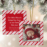 New Parent Baby's First Christmas Photo Peppermint Ceramic Ornament<br><div class="desc">Commemorate your miracle baby's first Christmas with this sweet photo ornament with a classic red and white hand drawn peppermint stripe featuring a photo on one side and your text on the back.</div>