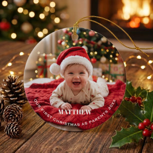 New Parents First Christmas Baby Photo Ceramic Ornament
