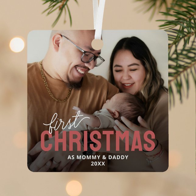 New Parents First Christmas Photo Metal Ornament (Creator Uploaded)