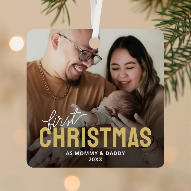 New Parents First Christmas Photo Metal Ornament (Creator Uploaded)
