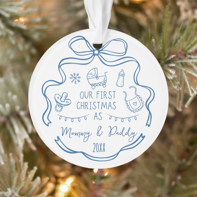 New Parents First Christmas Whimsical Blue Doodles (Arbre)