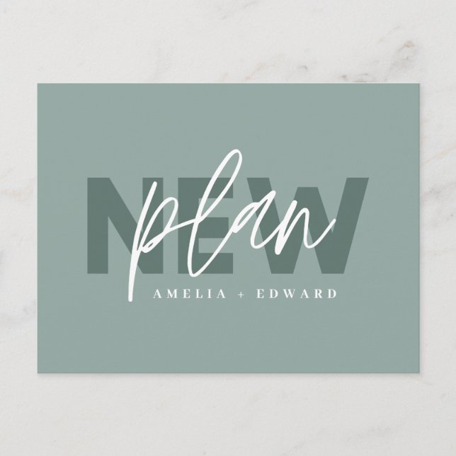 New plan modern typography wedding change the date announcement postcard (Front)