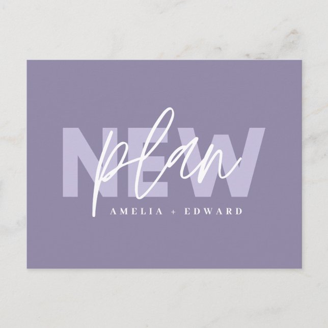 New plan modern typography wedding change the date announcement postcard (Front)