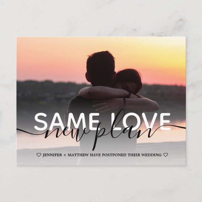 New plan modern typography wedding change the date announcement postcard (Front)