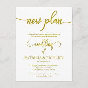 New Plan Postponed Wedding Announcement Gold Postcard