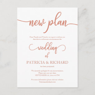New Plan Postponed Wedding Announcement Rose Gold Postcard