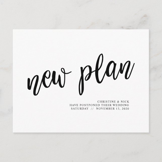 New plan, Wedding postponement, minimal Black Postcard (Front)