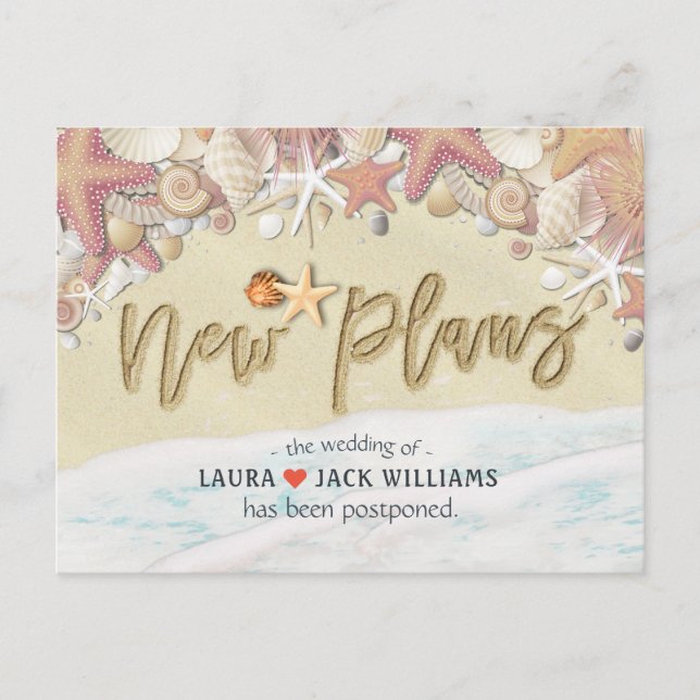 New Plans Wedding Postponement Beach Sand Letters Announcement Postcard (Front)