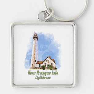 New Presque Isle Lighthouse Watercolor - Michigan Keychain